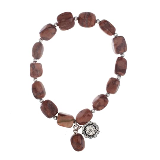 John Bead Jasper Brown Natural Stone Stretch Bracelet with Flower Charm